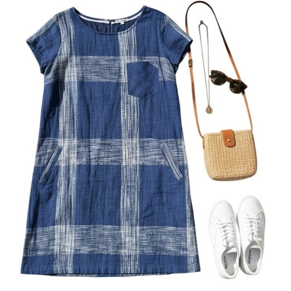 DOWNEAST Size‎ L Blue Plaid Shift Dress with Pockets Casual Comfy 100% cotton